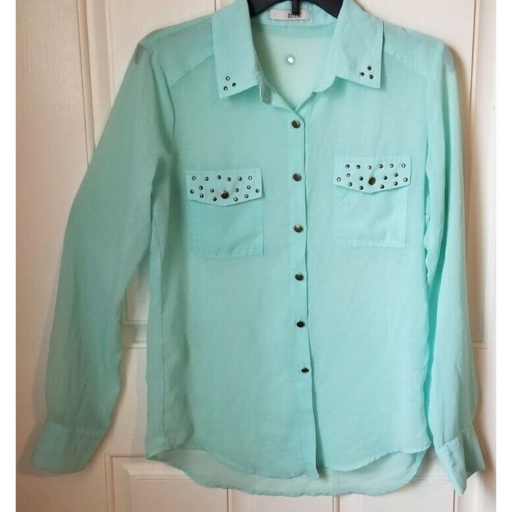 MNK Sheer Long Sleeve Blouse, Top, Junior's Medium, Women’s Medium, teal green